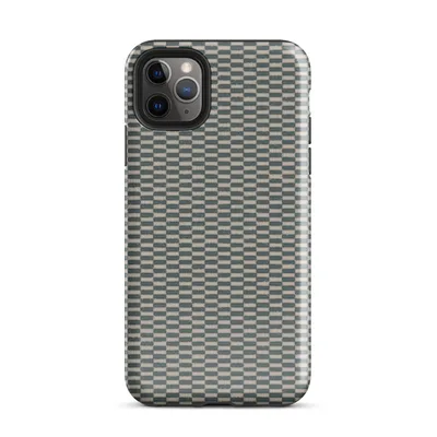 close-up checkerboard weave pattern with teal and natural linen tones mimicking woven tatami or basket textile on Glossy Woven Slate Grid Tough Case for iPhone - default view — protective iphone case