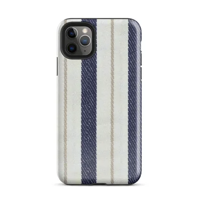 vertical ticking stripe pattern with wide navy blue bands, crisp white panels, and narrow taupe pinstripe accents on woven textile texture on Glossy Coastal Ticking Stripe Classic Tough Case for iPhone - default view — protective iphone case