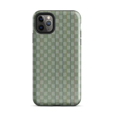 basketweave grid pattern in sage and muted green with thin vertical pinstripes in navy, dusty rose, and golden yellow on Glossy Garden Plaid Stripe Tough Case for iPhone - default view — protective iphone case