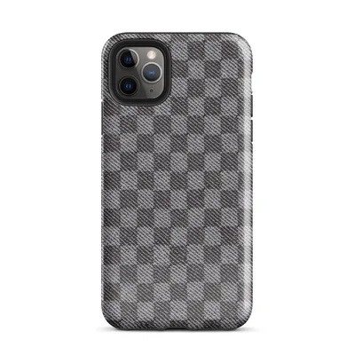 tightly woven checkered pattern in charcoal and light grey with diagonal textile weave detail across each square block on Glossy Steel Grid Woven Check Tough Case for iPhone - default view — protective iphone case