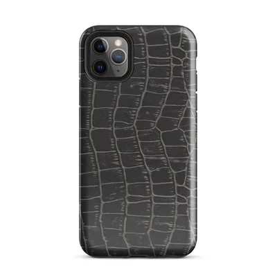 close-up black crocodile scale skin texture with raised interlocking rectangular scales and deep charcoal tones on Glossy Midnight Crocodile Armor Tough Case for iPhone - default view — protective iphone case