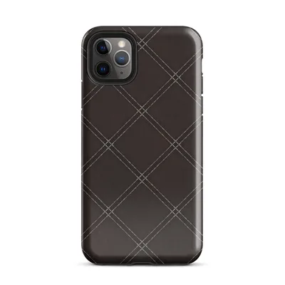 deep espresso brown quilted leather pattern with diagonal diamond grid and double-stitch lines at each intersection on Glossy Dark Diamond Stitch Tough Case for iPhone - default view — protective iphone case