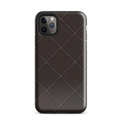 diagonal quilted diamond grid with dashed stitch lines and cross points on deep espresso dark brown background on Glossy Dark Diamond Quilted Tough Case for iPhone - default view — protective iphone case