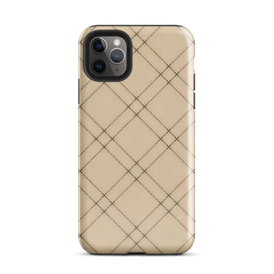 diagonal plaid grid of double dark brown lines forming diamond shapes on a warm beige and tan textured background on Glossy Classic Diagonal Plaid Tough Case for iPhone - default view — protective iphone case
