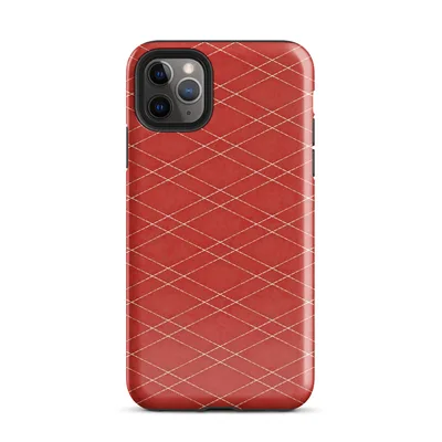 repeating cream-white diamond lattice grid over a deep crimson red textured background in a quilted isometric style on Glossy Scarlet Diamond Grid Tough Case for iPhone - default view — protective iphone case