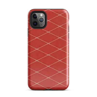 red diamond argyle lattice with cream double-stitch lines and dot intersections on a mottled crimson background on Glossy Red Diamond Quilted Stitch Tough Case for iPhone - default view — protective iphone case