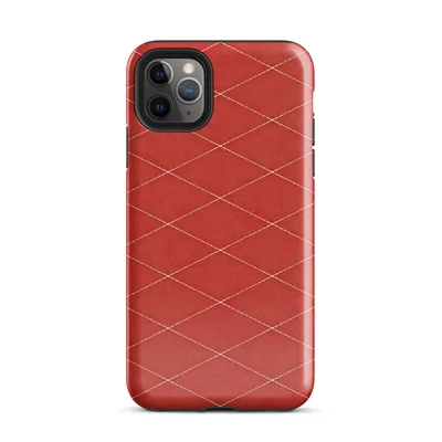 repeating diamond lattice with white stitched grid lines on a deep textured crimson red background on Glossy Red Diamond Grid Tough Case for iPhone - default view — protective iphone case