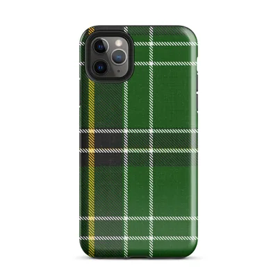 classic Scottish tartan pattern in deep emerald green with intersecting white, golden yellow, and black stripes in a traditional woven plaid style on Glossy Highland Green Tartan Tough Case for iPhone - default view — protective iphone case