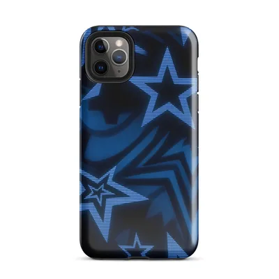 overlapping five-point stars in deep blue and black with glowing electric blue horizontal line textures on a dark background on Glossy Dark Star Neon Blue Tough Case for iPhone - default view — protective iphone case