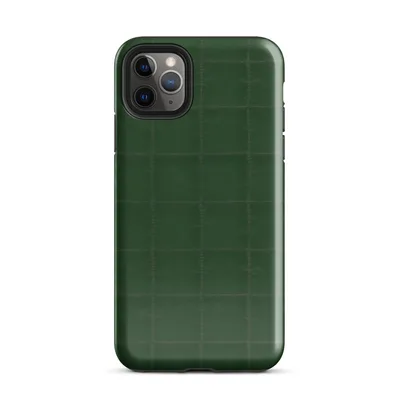 deep forest green quilted fabric surface with a stitched grid pattern creating raised square panels with subtle sheen variation on Glossy Forest Green Quilted Grid Tough Case for iPhone - default view — protective iphone case