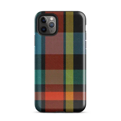 bold tartan plaid pattern in black, fiery red-orange, electric teal, and golden yellow with diagonal stripe texture on Glossy Bold Plaid Riot Tough Case for iPhone - default view — protective iphone case