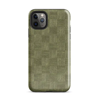 repeating grid of alternating horizontal and vertical line-textured squares in muted olive and khaki green tones, resembling woven basketweave fabric on Glossy Woven Grid Olive Tough Case for iPhone - default view — protective iphone case