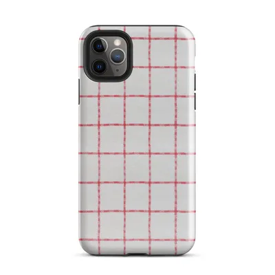 red and white windowpane plaid grid pattern on a soft white woven textile background on Glossy Classic Red Plaid Tough Case for iPhone - default view — protective iphone case