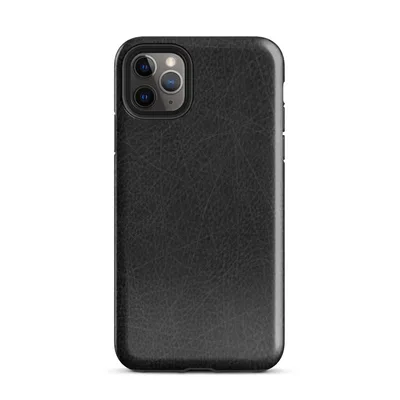 close-up black leather surface with fine grain pores and scattered distressed scratch lines in dark charcoal tones on Glossy Scratched Black Leather Tough Case for iPhone - default view — protective iphone case