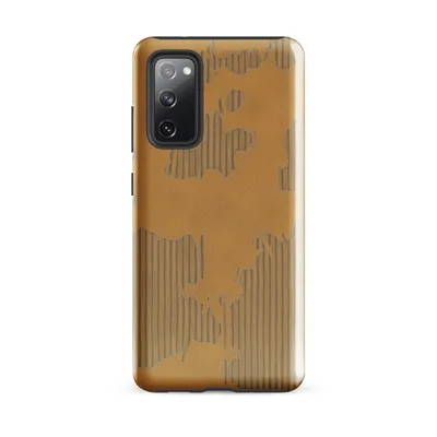 torn and peeling kraft paper revealing corrugated cardboard fluting beneath, warm amber and taupe tones with ragged irregular edges on Glossy Worn Cardboard World Tough Case for Samsung - default - Front view — samsung phone case