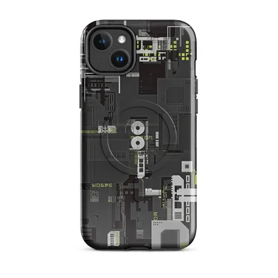 dense isometric circuit board and industrial machinery blueprint illustration in charcoal, lime green, and white on dark gray background on Glossy Circuit City MagSafe Tough Case for iPhone - default - Front view — magsafe phone case