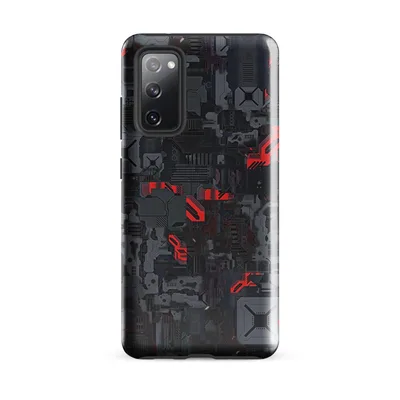 densely packed mechanical circuit board panels in dark steel gray and navy with scattered glowing red accent components on Glossy Circuit Warfare Armor Tough Case for Samsung - default - Front view — samsung phone case