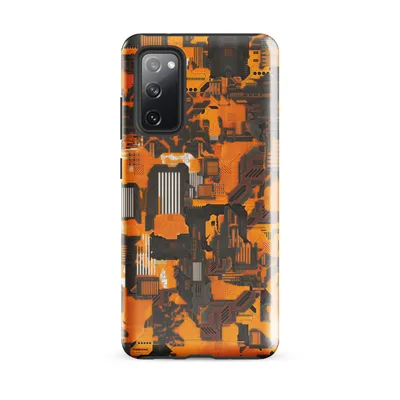 dense cyberpunk camouflage pattern of interlocking circuit board components in burnt orange, gunmetal gray, and charcoal on Glossy Circuit Camo Mech Warfare Tough Case for Samsung - default - Front view — samsung phone case