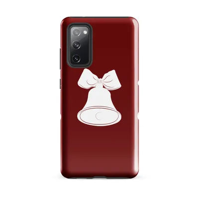 three white Christmas bells with ribbon bows arranged in a row on a deep crimson red background, clean silhouette illustration style on Glossy Triple Bells Holiday Cheer Tough Case for Samsung - default - Front view — samsung phone case