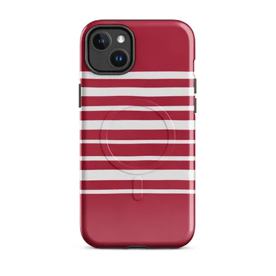 horizontal white stripes evenly spaced on a deep crimson red background in a clean nautical style on Glossy Classic Red Stripe MagSafe Tough Case for iPhone - default - Front view — magsafe phone case