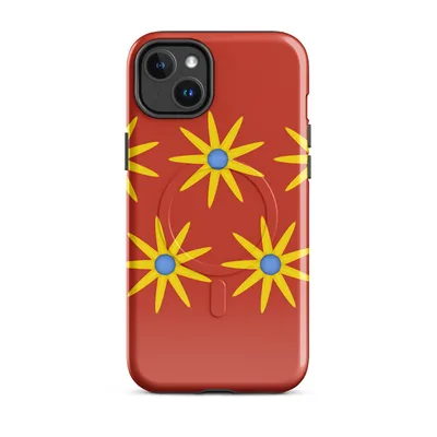 repeating pattern of yellow multi-petal sunflowers with blue centers on a deep red background on Glossy Sunshine Bloom MagSafe Tough Case for iPhone - default - Front view — magsafe phone case