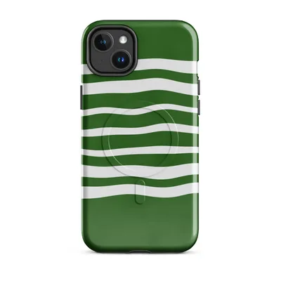 wavy white horizontal stripes layered over a deep forest green background with a flowing, organic pattern on Glossy Green Wave Stripe MagSafe Tough Case for iPhone - default - Front view — magsafe phone case