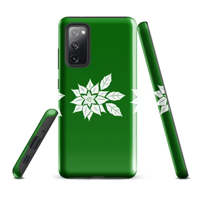 three white poinsettia blooms with detailed leaf silhouettes arranged in a row on a deep green background on Glossy Triple Poinsettia Holiday Tough Case for Samsung - default - Front view — samsung phone case