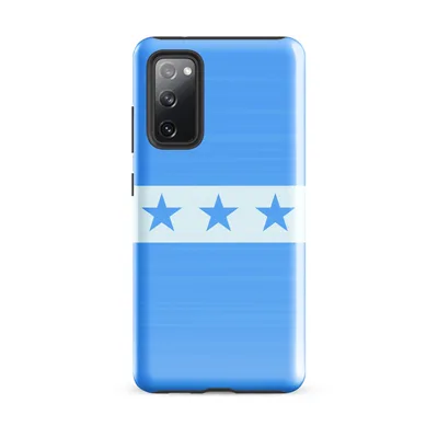 seven blue five-pointed stars aligned in a row on a white horizontal band over a cornflower blue background on Glossy Blue Skies Seven Stars Tough Case for Samsung - default - Front view — samsung phone case