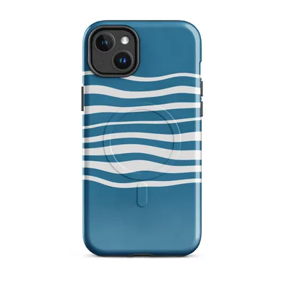 wavy white horizontal lines flowing across a deep teal blue background in a minimalist ocean wave pattern on Glossy Ocean Wave Lines MagSafe Tough Case for iPhone - default - Front view — magsafe phone case