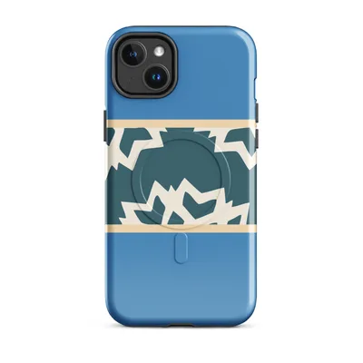 jagged cracked ice pattern in deep teal and cream on a cornflower blue background with thin sand-colored border stripes on Glossy Arctic Fracture Bold MagSafe Tough Case for iPhone - default - Front view — magsafe phone case