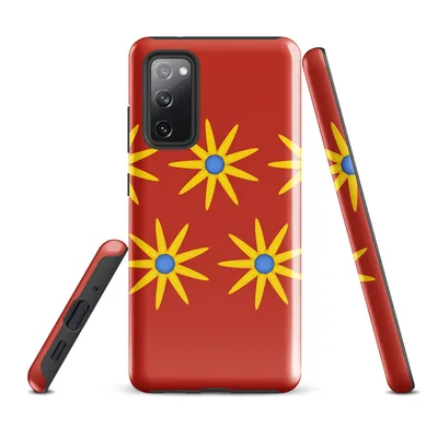 repeating golden starburst flowers with blue centers arranged in two rows on a vivid crimson red background on Glossy Sunburst Bloom Bold Tough Case for Samsung - default - Front view — samsung phone case