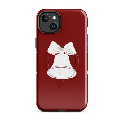 three white illustrated bells with ribbon bows arranged in a row on a deep crimson red background on Glossy Jingle Bells Trio Holiday MagSafe Tough Case for iPhone - default - Front view — magsafe phone case