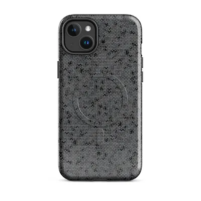 close-up seamless chainmail texture in dark charcoal and silver tones with interlocking metal rings and subtle red flecks on Glossy Steel Mesh Armor MagSafe Tough Case for iPhone - default - Front view — magsafe phone case