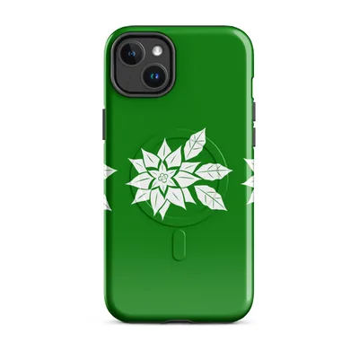 three white poinsettia flower silhouettes with detailed leaf arrangements in a horizontal row on a deep green background, flat illustrative style on Glossy Winter Poinsettia Trio MagSafe Tough Case for iPhone - default - Front view — magsafe phone case