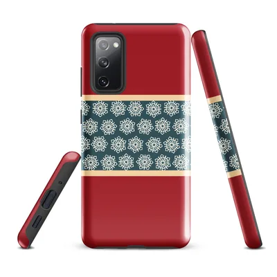 crimson red background with a horizontal teal band filled with repeating cream geometric snowflake medallions, bordered by ivory stripes on Glossy Crimson Snowflake Band Tough Case for Samsung - default - Front view — samsung phone case