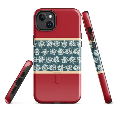 repeating ivory geometric snowflakes on a teal horizontal band with cream borders against a deep crimson red background on Glossy Winter Geometric Snowflake Band MagSafe Tough Case for iPhone - default - Front view — magsafe phone case