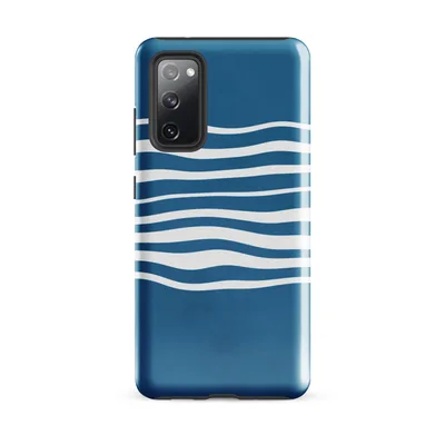 white undulating horizontal wave lines flowing across a deep ocean blue background in a clean minimalist style on Glossy Ocean Wave Lines Tough Case for Samsung - default - Front view — samsung phone case