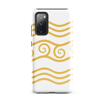 repeating golden wavy lines on white background with a center band of connected spiral curls in warm amber gold on Glossy Golden Waves Tough Case for Samsung - default - Front view — samsung phone case