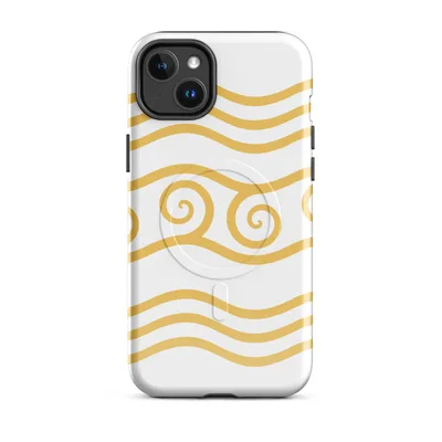 flowing golden wave lines with ornate spiral crests in warm amber on a white background, hand-drawn nautical style on Glossy Golden Tides Waves MagSafe Tough Case for iPhone - default - Front view — magsafe phone case