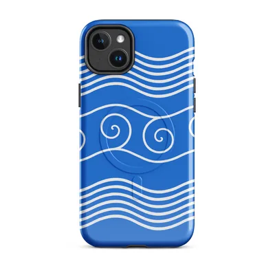 white parallel wave lines and spiral wave crests on vivid cobalt blue background in a bold nautical pattern on Glossy Ocean Waves Coastal Serenity MagSafe Tough Case for iPhone - default - Front view — magsafe phone case