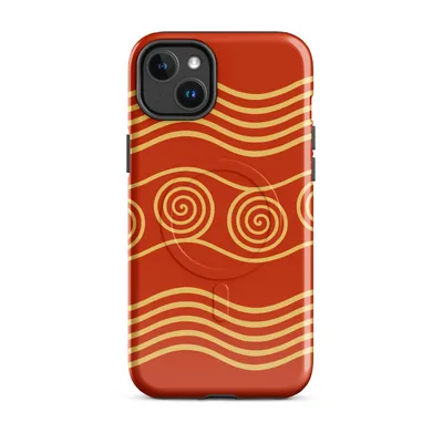 repeating golden spiral circles and wavy parallel lines on a deep crimson red background in a classical ancient decorative style on Glossy Ancient Waves Gold Spiral MagSafe Tough Case for iPhone - default - Front view — magsafe phone case