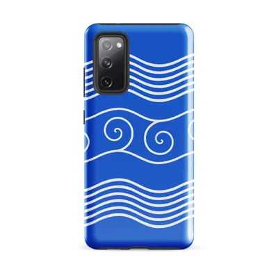 white multi-line rolling ocean waves and spiral curl crests repeating horizontally on a vivid royal blue background on Glossy Ocean Waves Nautical Tough Case for Samsung - default - Front view — samsung phone case