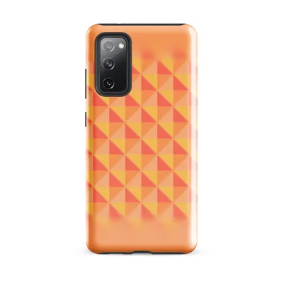 tessellating triangles in coral red, golden yellow, and soft peach forming a faceted grid with a soft vignette fade on a warm peach background on Glossy Warm Geometry Sunset Grid Tough Case for Samsung - default - Front view — samsung phone case