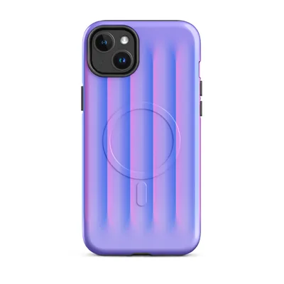 soft vertical ridges with a 3D ripple effect in periwinkle blue and vivid pink gradient on a lavender background on Glossy Neon Ridges MagSafe Tough Case for iPhone - default - Front view — magsafe phone case