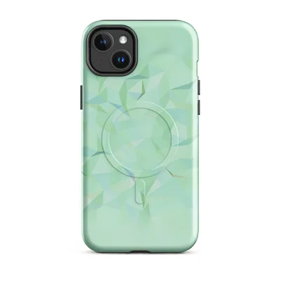 low-poly geometric pattern of faceted triangles in soft mint, sage, and seafoam tones with subtle depth and crystal-like shading on Glossy Mint Crystal Geo MagSafe Tough Case for iPhone - default - Front view — magsafe phone case