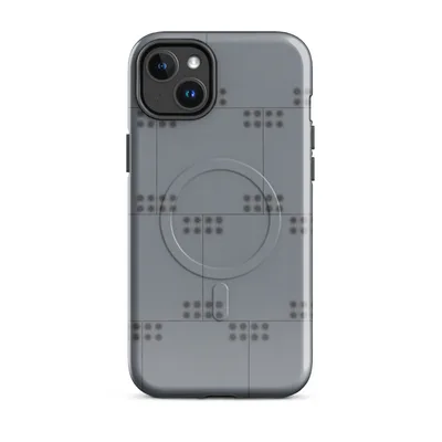 repeating grid of raised dot clusters arranged in pairs on a cool slate-grey background divided by fine intersecting lines on Glossy Steel Grid Dot Matrix MagSafe Tough Case for iPhone - default - Front view — magsafe phone case