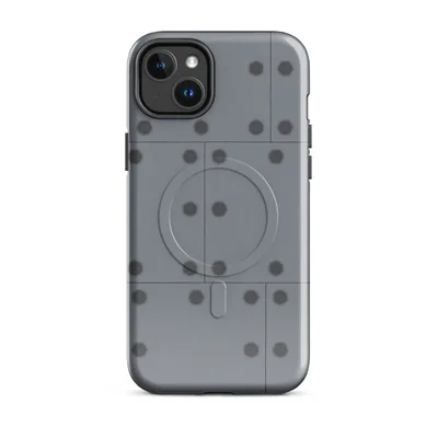 repeating grid of riveted steel panels with dark circular bolt heads on a cool blue-grey metallic background on Glossy Steel Grid Riveted Panel MagSafe Tough Case for iPhone - default - Front view — magsafe phone case