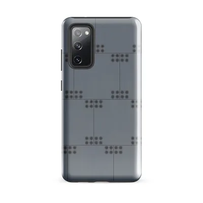 repeating grid of small dark dot clusters arranged in pairs on a cool slate-gray surface, resembling a tactile metal panel or circuit board on Glossy Steel Grid Dot Matrix Tough Case for Samsung - default - Front view — samsung phone case