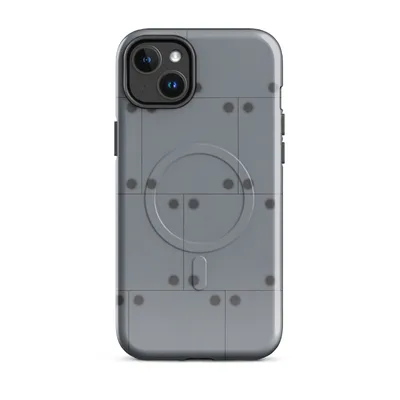 repeating pattern of riveted gunmetal steel panels with dark circular bolt heads arranged in a staggered grid on Glossy Steel Panel Industrial MagSafe Tough Case for iPhone - default - Front view — magsafe phone case
