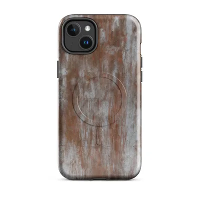heavily weathered metal panels with streaking rust in burnt sienna and iron gray tones running vertically across a corroded steel surface on Glossy Rusted Iron Fortress MagSafe Tough Case for iPhone - default - Front view — magsafe phone case